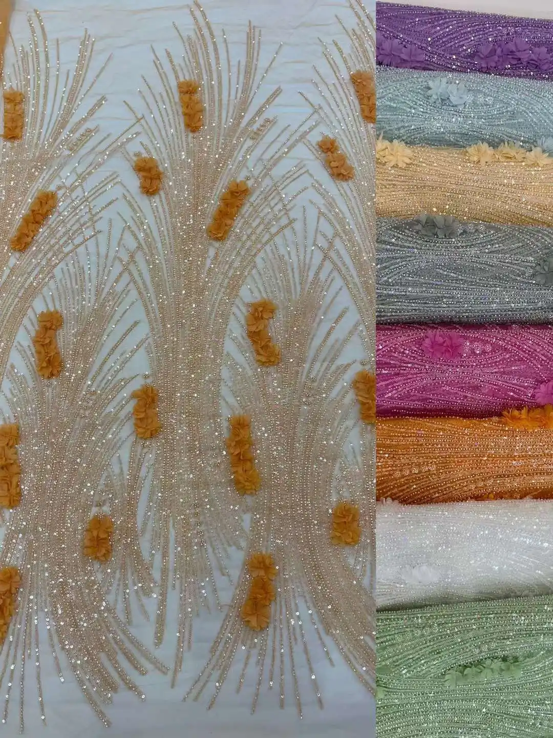 African 3D Flower Embroidery Beaded Lace Fabric, Handmade French Sequins Tulle, Wedding Dress, High Quality, 2024