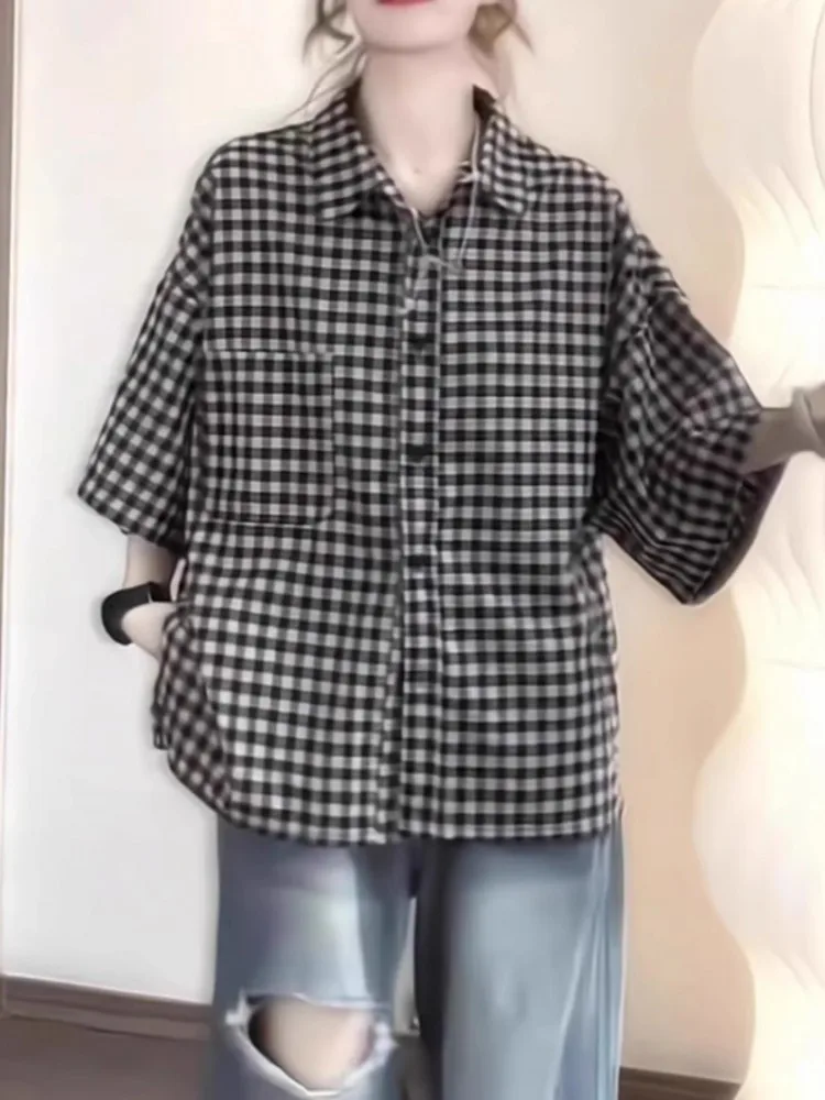 Plaid allentato ort Sve Casual irt Estate da donna New Sle College Wind Versatile per il tempo libero Top francese vintage Faionable