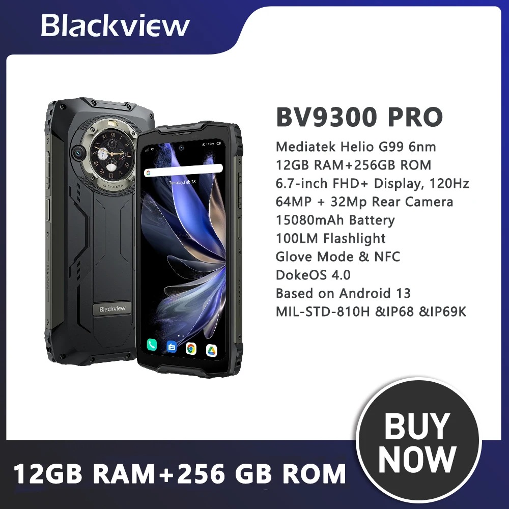 Blackview BV9300 Pro 8GB/12GB + 256GB هاتف ذكي متين أندرويد 13 6.7 بوصة ثماني النواة 15080mAh 64MP 33W شحن سريع الهاتف المحمول NFC