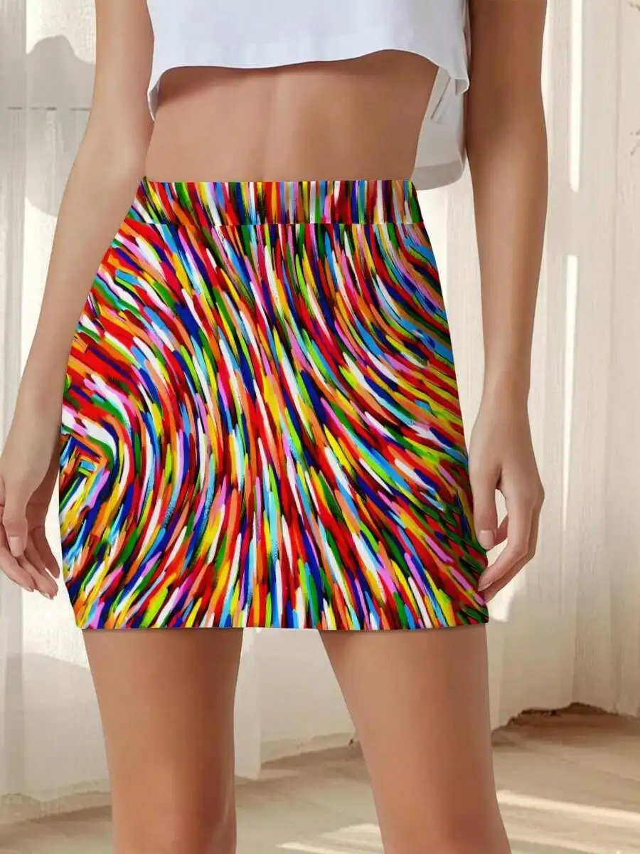Women Summer Bodycon Mini Skirt Abstract Art Print Colorful Striped Casual Fashion