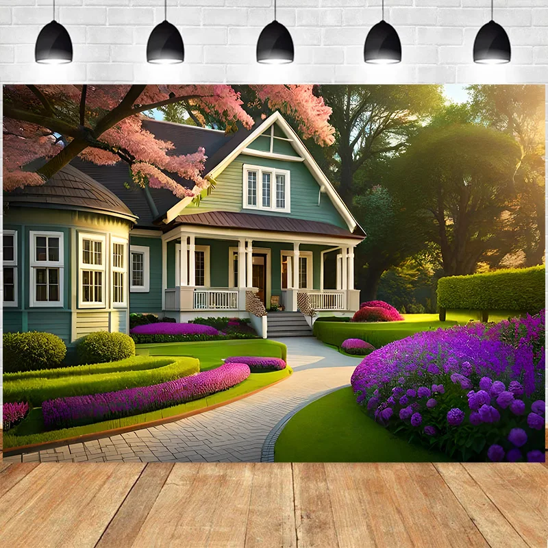 Country House With Fenced Yard Photography Backdrop Props Beautiful Garden Villa Theme Photo Studio Background HY-02