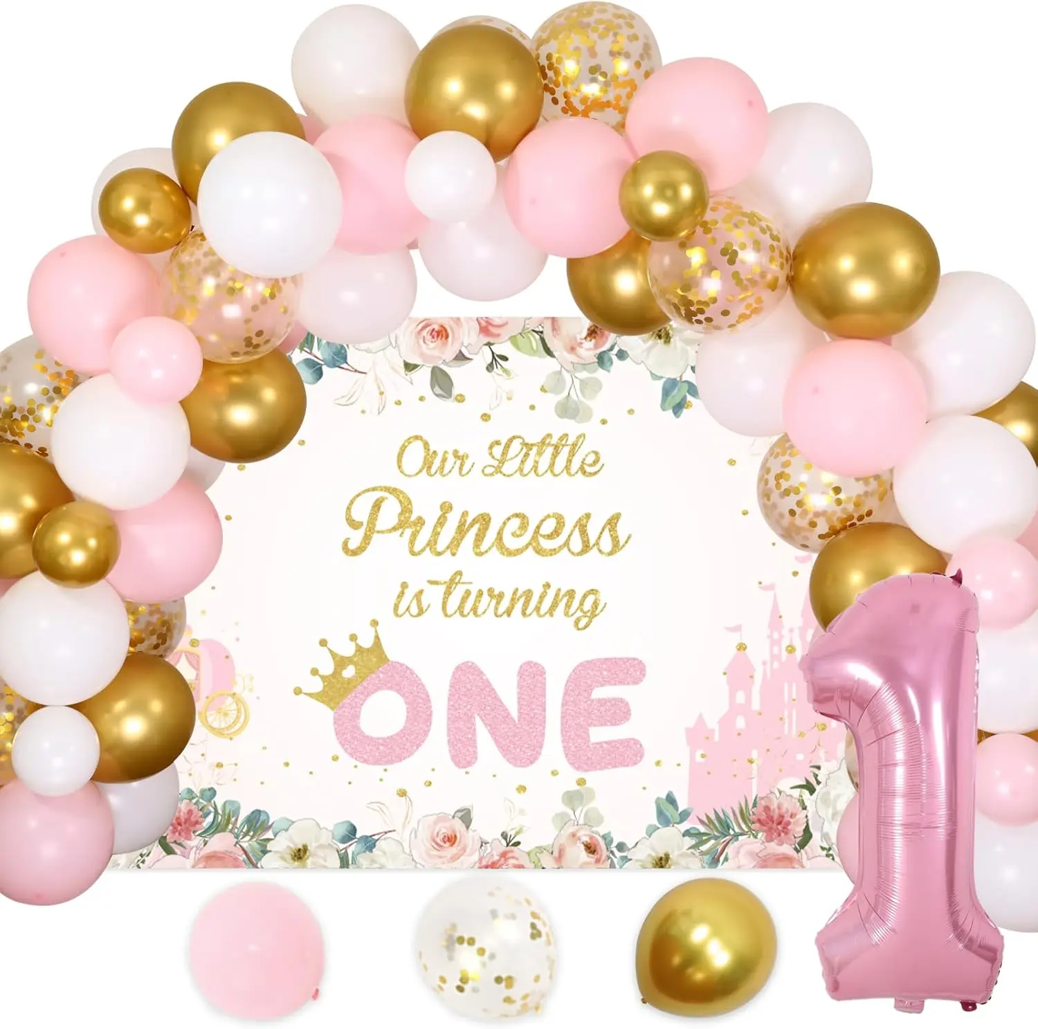 

Little Princess 1st Birthday Decorations for Girls Pink White Gold Balloon Arch Kit Our Little Princess Is Turning One Backdrop