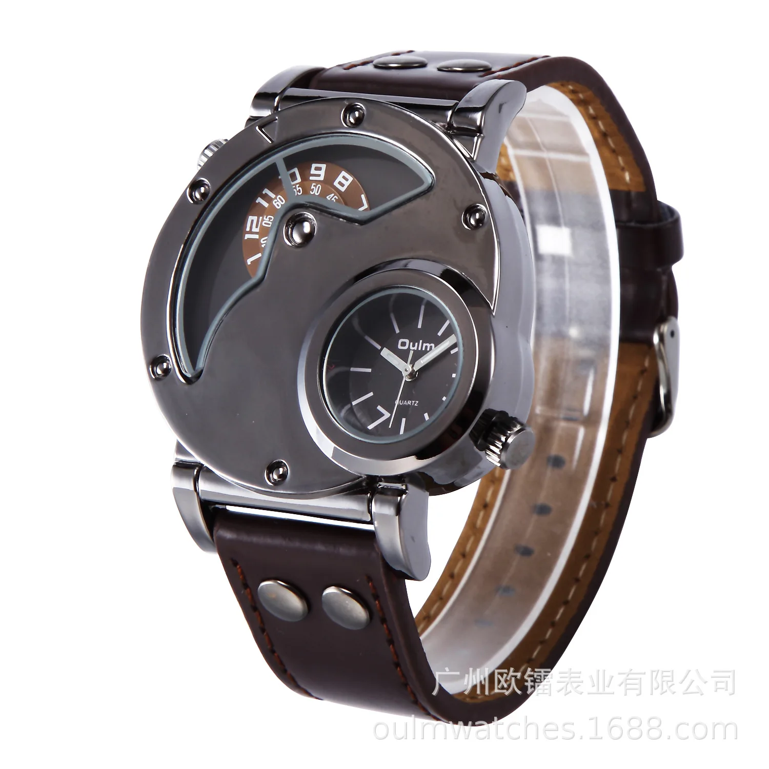 OULM 9591 Men's Watch Fashion Trend Dual Time Zone Personalized Unique Black Brown Sports Quartz Wristwatch for Male