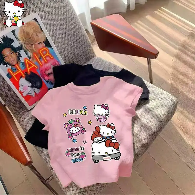 

Hello Kitty Anime Cartoon Girls Short Sleeve Kawaii Sanriot Shirt Summer New Fashion Round Neck Breathable Sweet Skin Friendly
