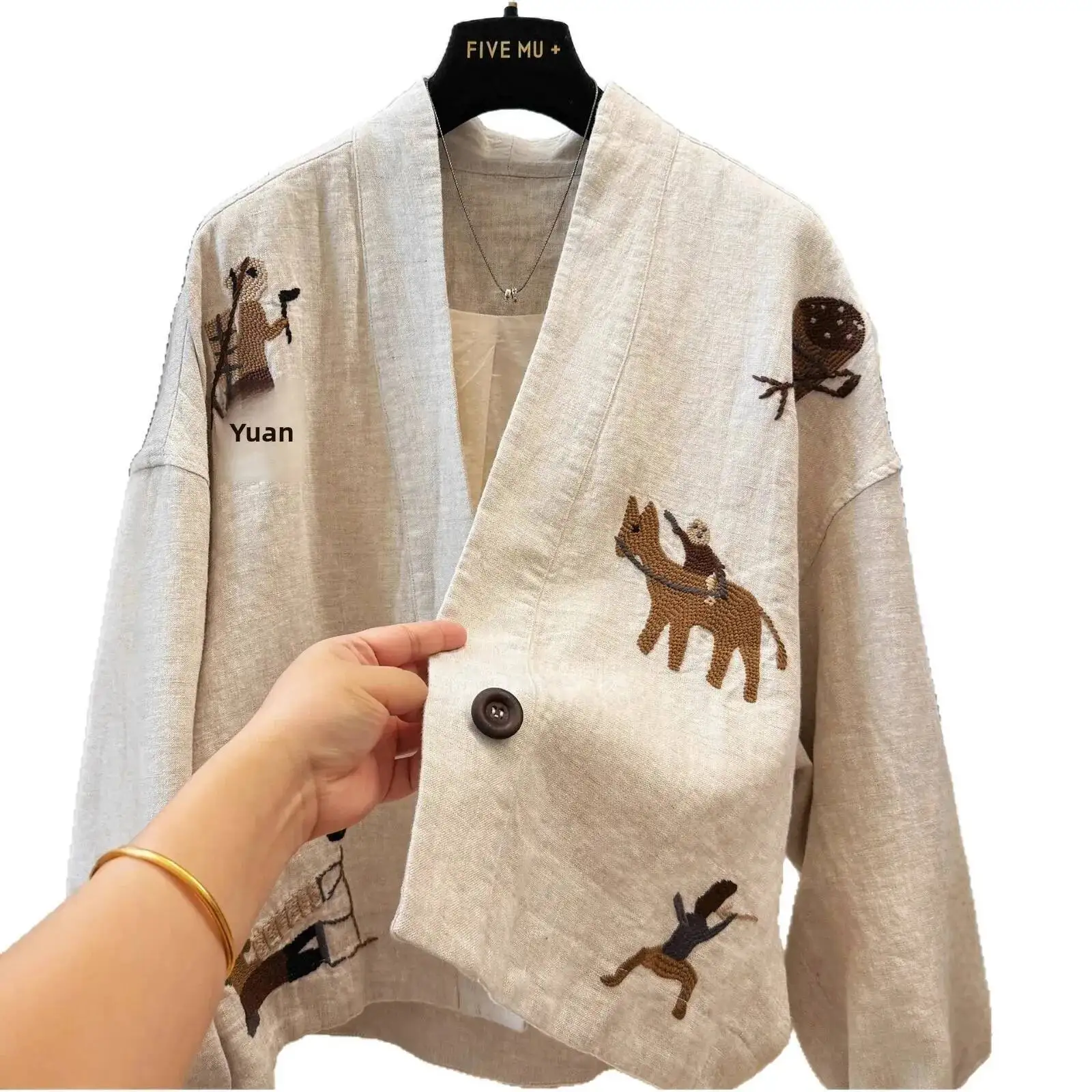 Chaqueta corta de lino y algodón bordada elegante, abrigo de otoño con cuello en V para mujer, diseño único y elegante, sensación de gama alta, manga larga holgada F