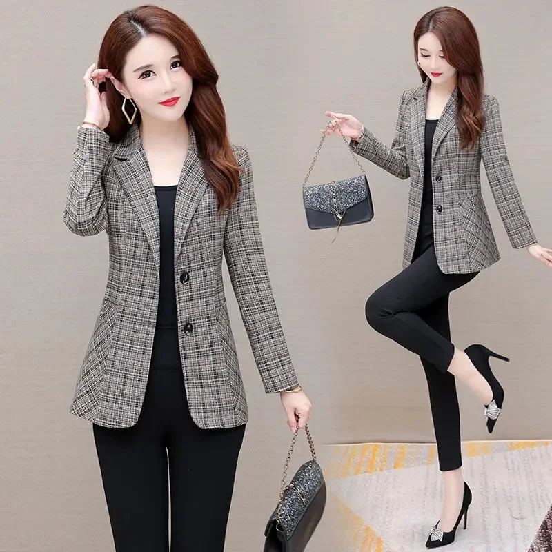 Spring Autumn Women Blazers New Fashion Lattice Slim Casual Suit Coat Turn-down Collar Single Breasted Blazers Female Tops