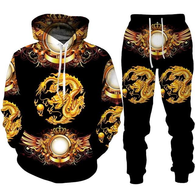 

Men's Hoodie Pants Suit Tracksuit For Man Leopard Golden Pattern Sportswear Set 3D Print Fashion Pullover Pants 2pcs Clothing