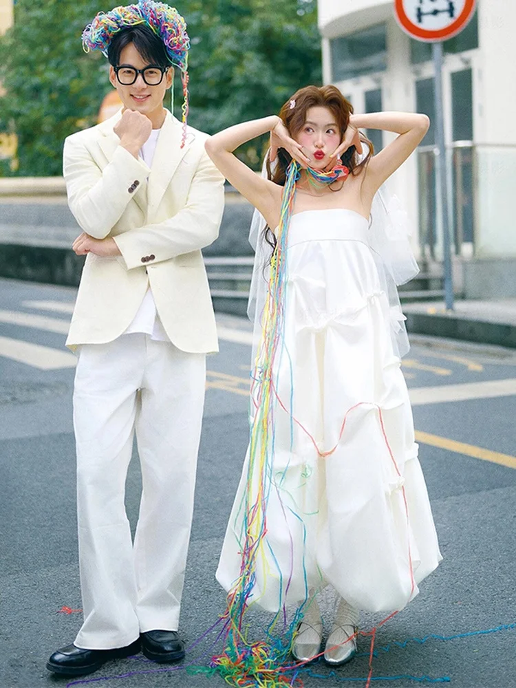 

Ele Satin Wedding Dr Strapl Gown Bridal Entrance Outdoor Ceremony Long A-Line Skirt White Faionable Modern Bride