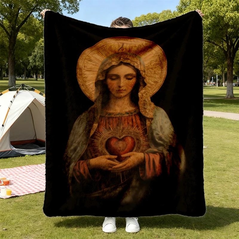 Immaculate Heart of Mary Flannel Blanket, Vintage Sacred Heart Catholic Flannel Throw, Blessed Mother Mary Cozy Blanket