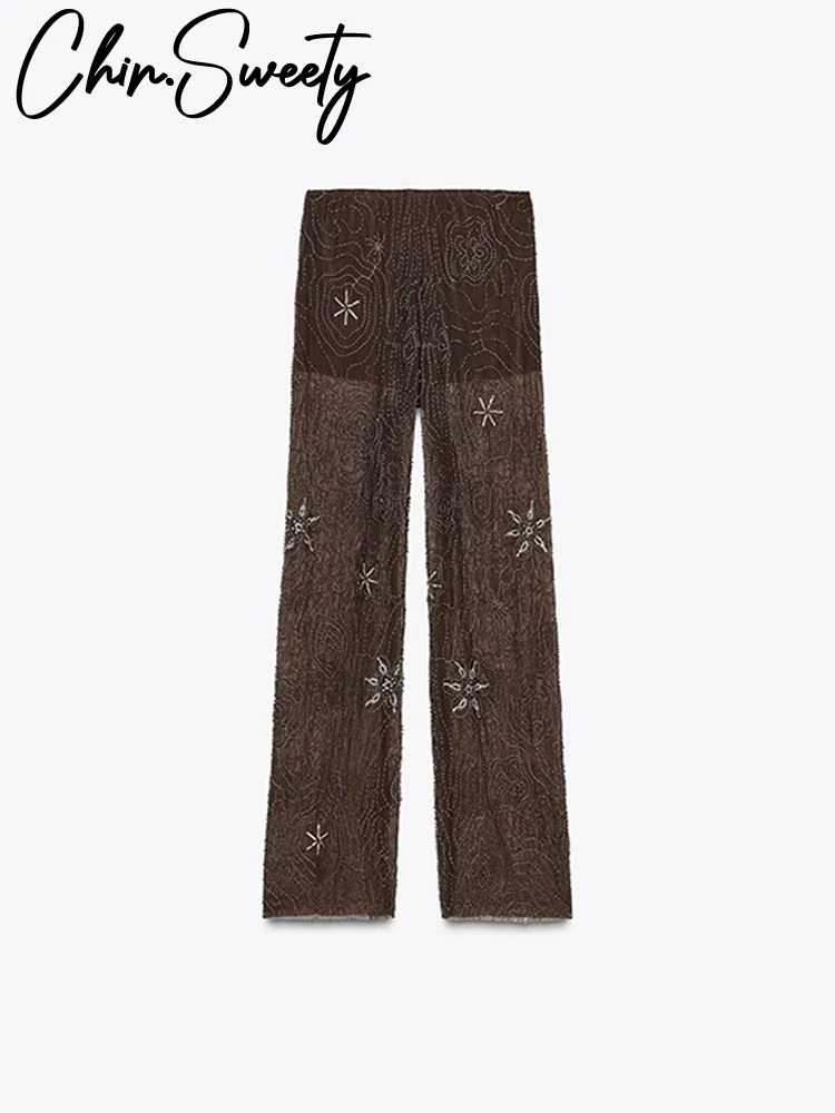 موضة الديكور انظر من خلال المرأة بانت مرونة الخصر واسعة الساق نادي الحفلات البني بنطلون 2025 الربيع الصيف سيدة ملابس خارجية فضفاضة