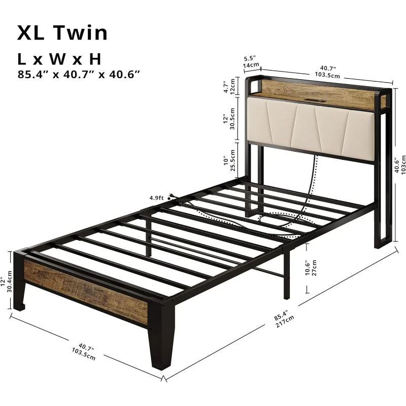 Twin XL Bed Frames, Storage Headboard with Charging Station, Solid and Stable, Noise Free, No Box Spring Needed, Easy Assembly