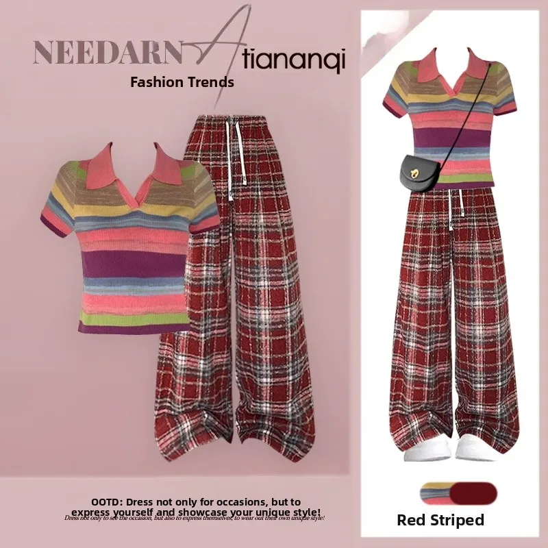 

Весенний модный вязаный женский комплект: брюки в клетку с высокой талией и полосатый топ с эффектом похудения, повседневный комфортный ансамбль