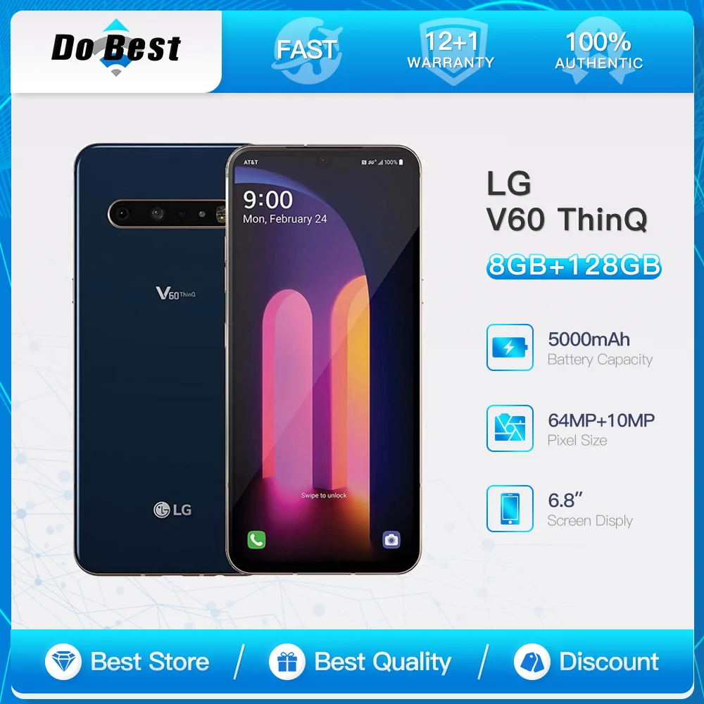 오리지널 LG V60 ThinQ 5G 휴대폰, P-OLED HDR10 + 8GB RAM, 128GB/256GB ROM, 스냅드래곤 865 핸드폰, V600TM, V600VM, V600AM, 6.8 인치