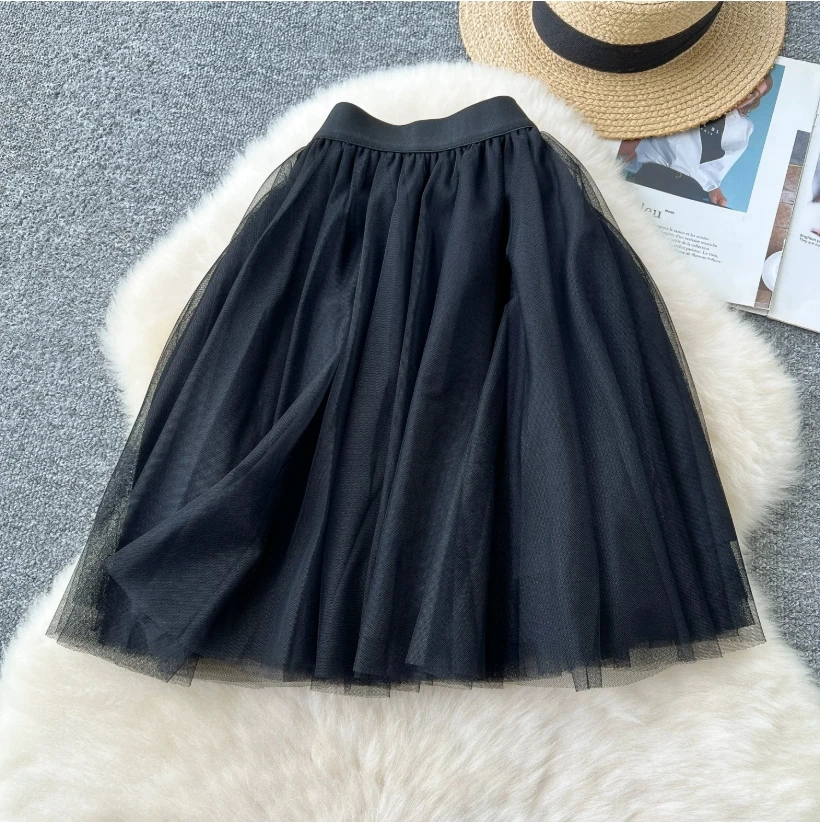 European Style Light Luxury Mesh Skirt For Women Solid Color Mesh Design High Waist Slimming Petite And Sexy Short Skirt