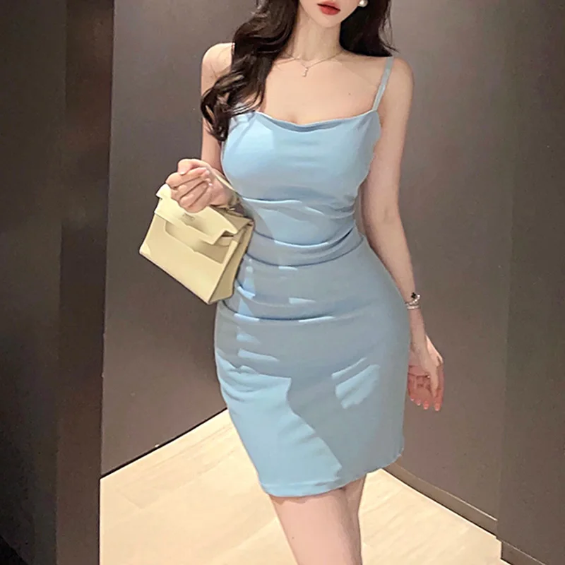 

harajuku Sexy solid sling skirt with chest pad Women's Summer Bodycon vest Dress Sleeveless fold Package Hips Party mini dresses