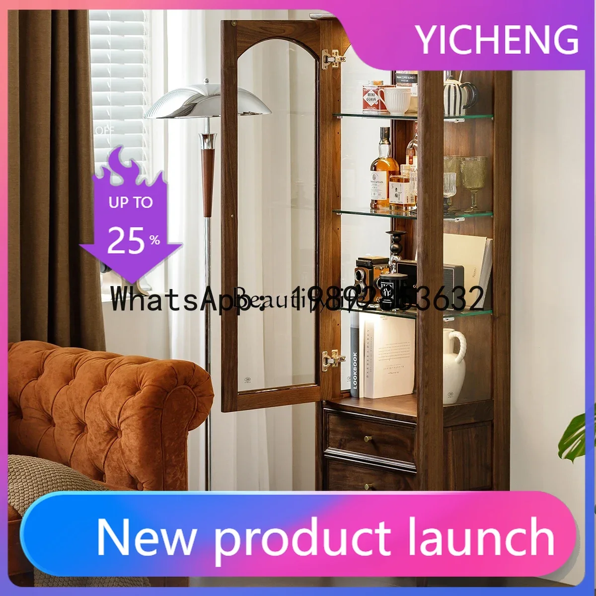 

QQ 01LNorth American black walnut wine cabinet medium antique solid wood retro display cabinet