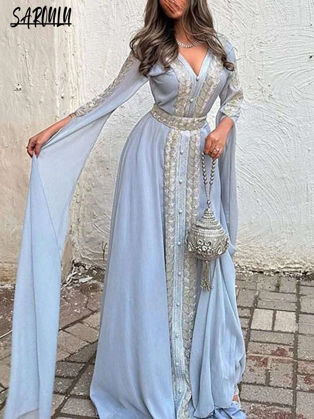 Moroccan V-neck Evening Dresses Classic Chiffon A-line Bridal Dress Caftan Customized Floor-length Plus Size Gown Robe De Mariée