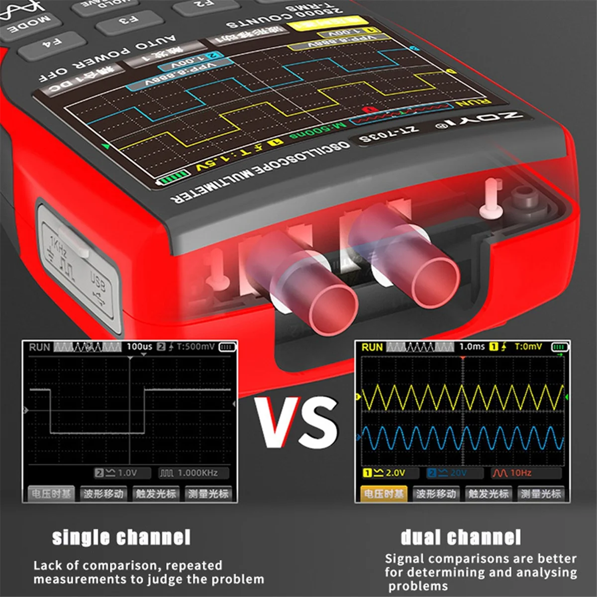 

ABIY-ZOYI ZT703S 3in1 Digital Oscilloscope Multimeter 50MHz 280MS Rate PC Waveform Data Storage Dual Oscilloscope Generator A