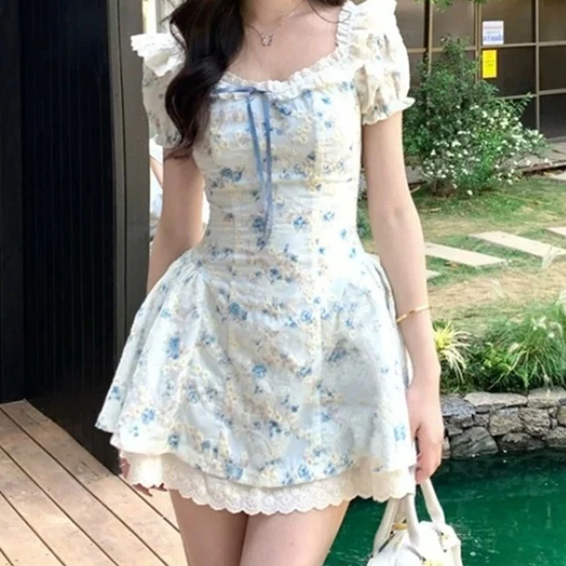 

Jastie Sweet Girl Lace Spliced Embroidery Printed Dress Women Vintage Puff Sleeve V Neck A-line Mini Summer Dresses Holiday Robe