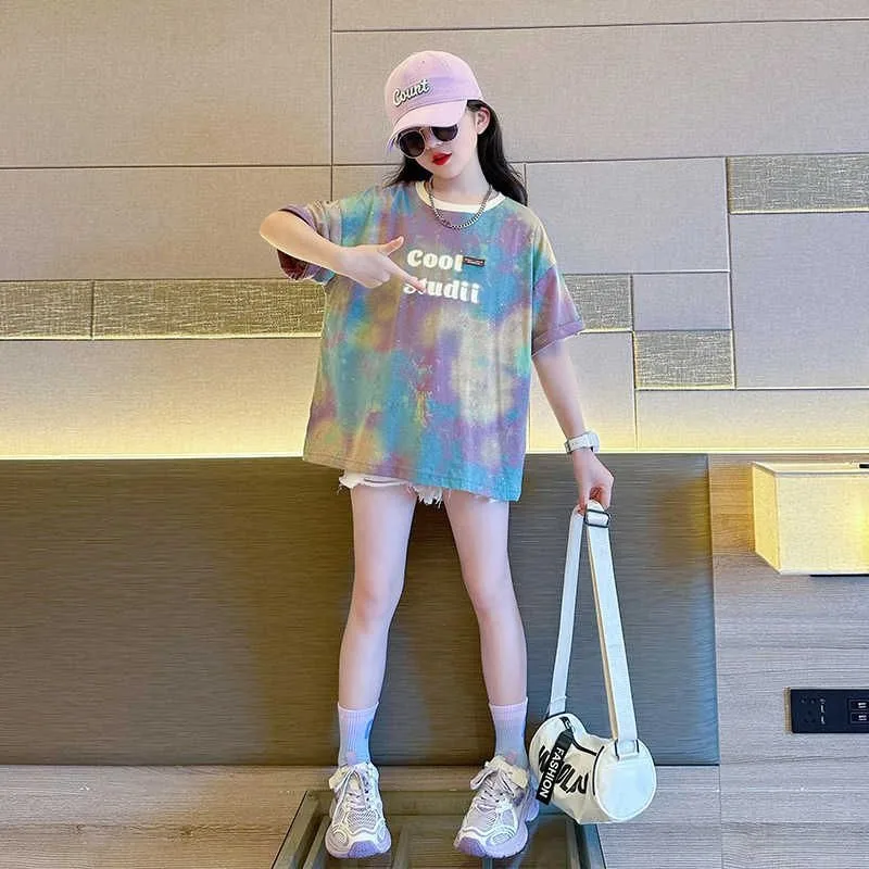 

Girls Cotton Cool T-shirt High Quality Kids Tie dye T-shirt Clothes Summer Short Sleeve Tees Breathable and Colorfast Tops 7-13Y