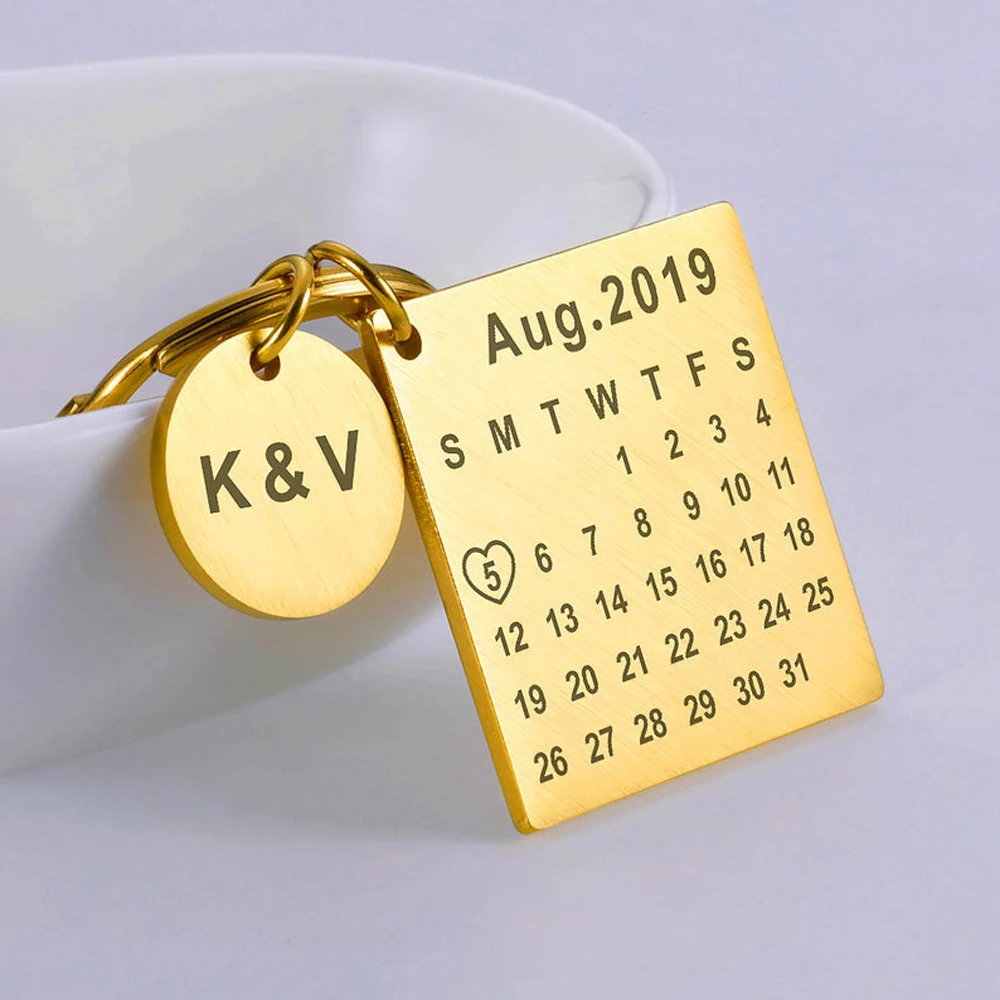 Keychain for Men Custom Stainless Steel Engraved Initials Calendar Date Keychain Wedding Anniversary Gifts Llavero Personalizado