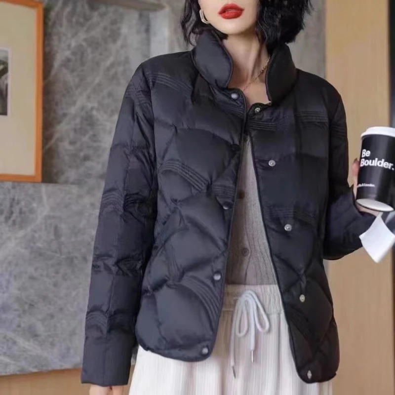 Autumn Winter Women Lightweight Down Cotton Jacket 2026 Thin Solid Stand Collar Short Jacket Female Cotton Padded Coat Overcoat