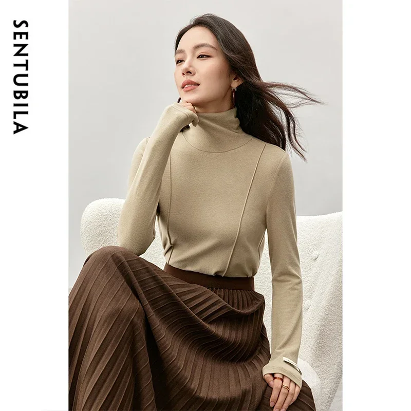 SENTUBILA Slim Fit bawełniane swetry z dzianiny 2024 Winter New Casual High Collar Long Sleeve Comfort Solid Women Tops 144S57342