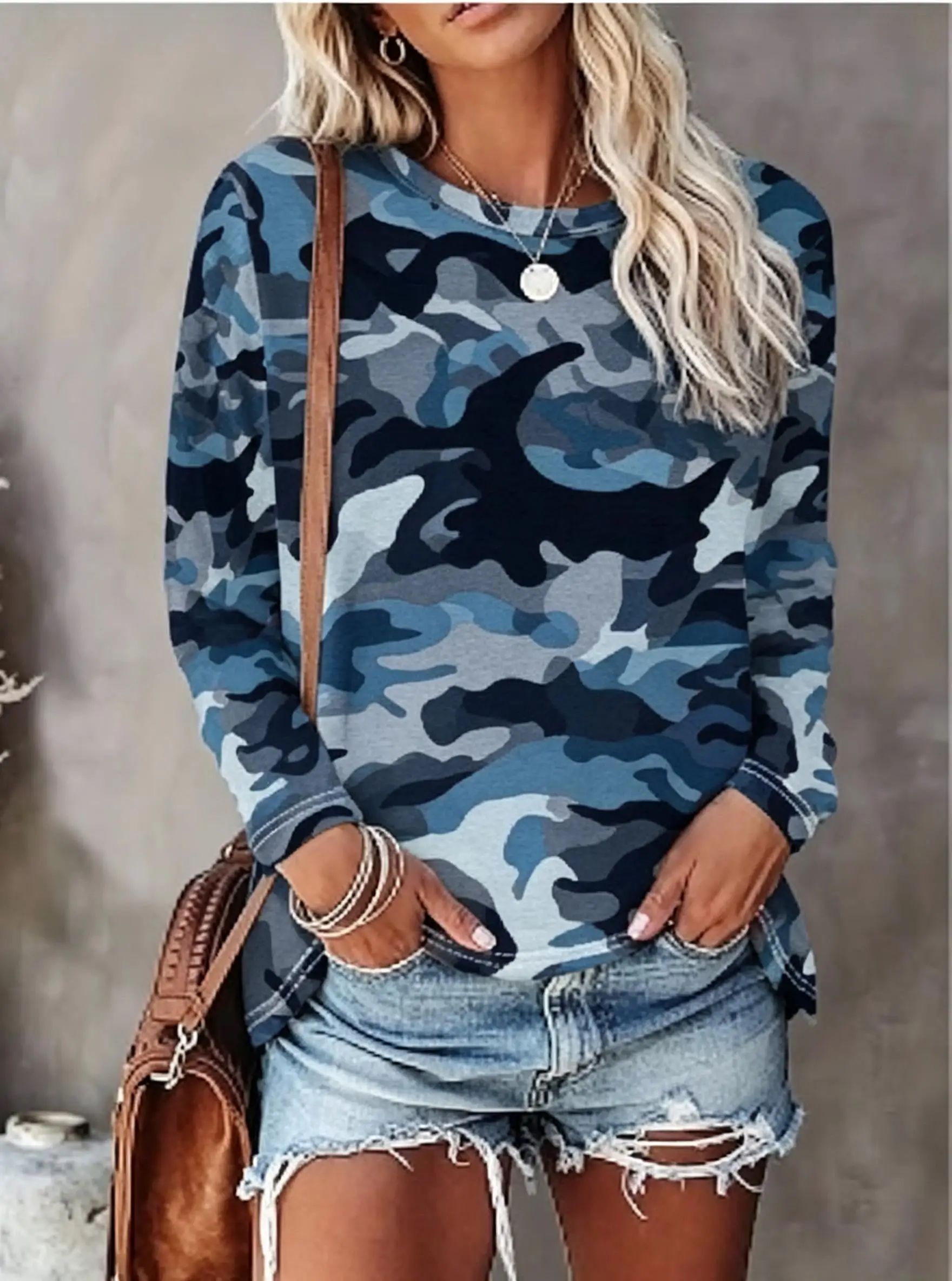 Women Long Sleeve Tee Top Camo Camouflage Print Autumn Fashion Casual Round Neck Sweatshirt Women's Clothes