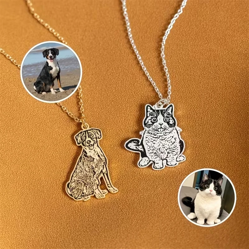 Auxauxme – collier personnalisé avec image d'animal de compagnie, en acier inoxydable, gravure à la main, Portrait de chien et de chat, bijoux commémoratifs, cadeau