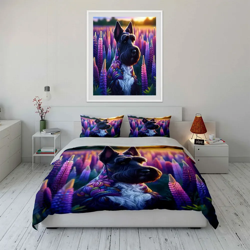 Colorful Dog Floral Artwork Decor Multiple sizes kid's and adults' bedroom Exquisite 3PC bedding set, gift