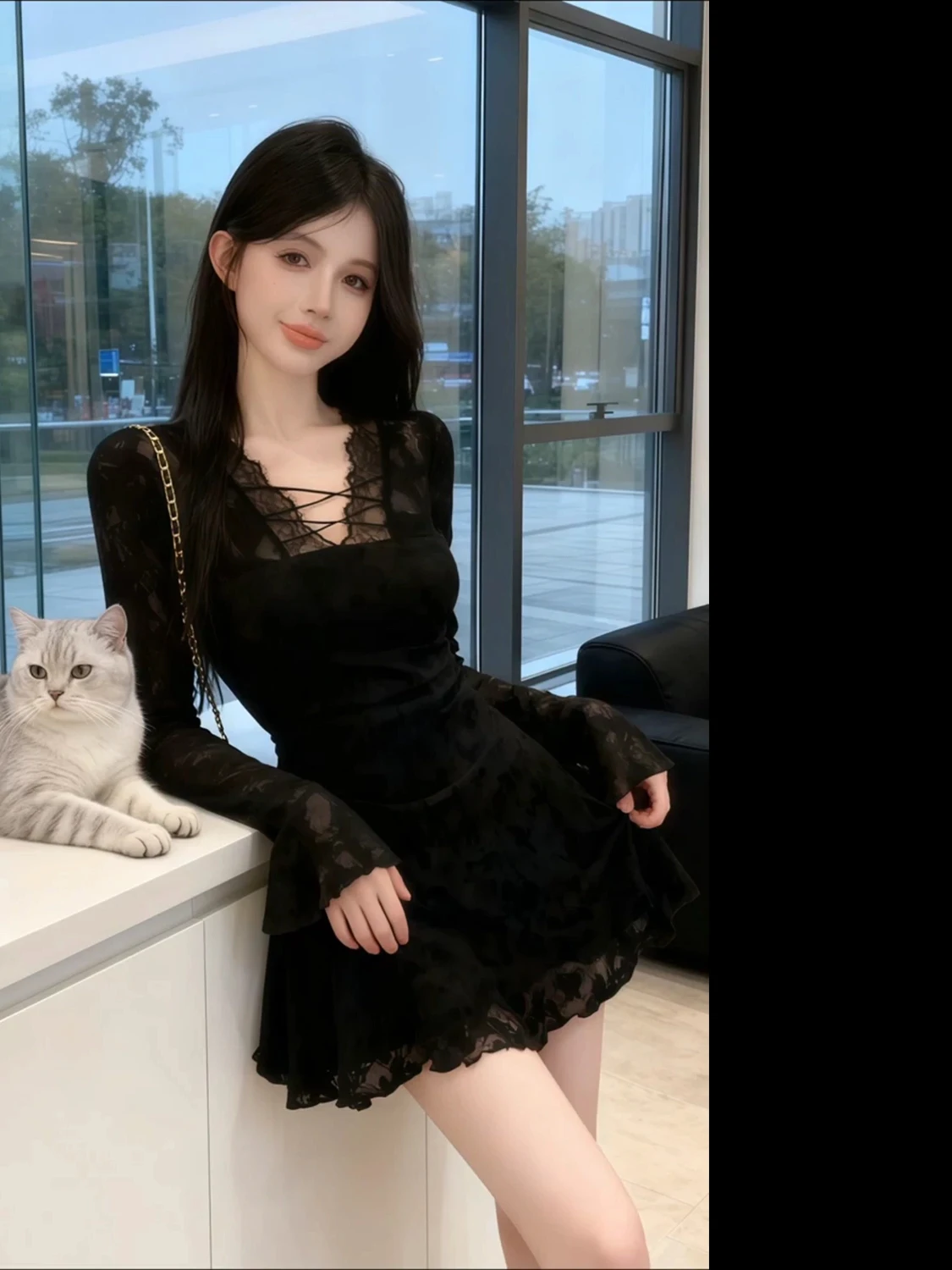 Elegant Lace V-neck Dress Women's Slim Fit Black  Dress Sexy Short Skirt Korean Style Commute High Waist Long Sleeve Dress