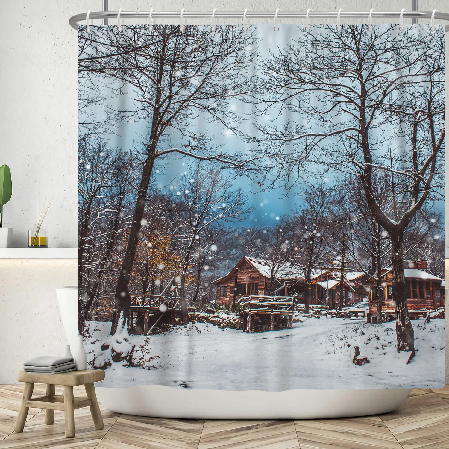 Winter Woods Snowy Shower Curtain Bathroom Bathtub Partition Fabric Decoration Christmas Snowflake Waterproof Shower Curtains