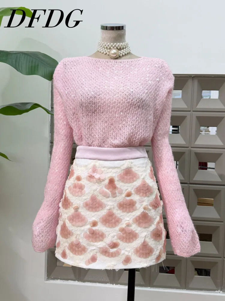 

DFDG Women's 2025 Spring Summer Retro High-Waist Skirt Sequin Beaded Embroidery 3D Bow Slim A-Line Bodycon Tweed Midi Skirt Set