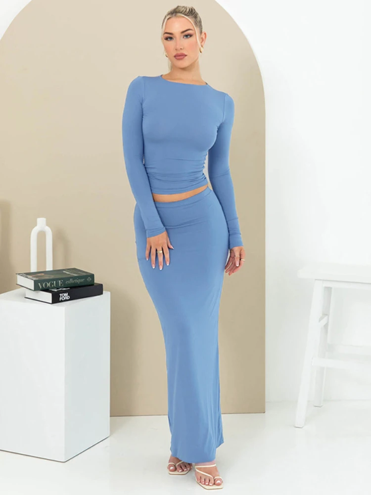 XIZOU Womens Two Peice Skirt Sets Round Neck Long Sleeve Tops and Solid Long Casual Skirt Streetwear Summer Women Clothing