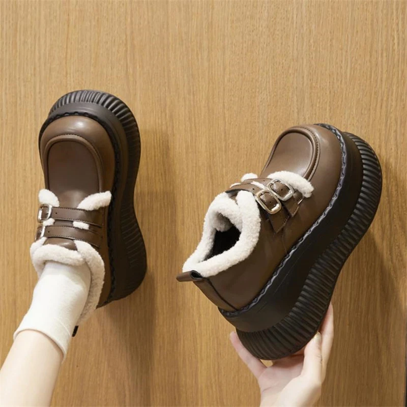 NEW Winter Women Platform Cotton Shoes Female Warm Plush Loafers Thick Bottom Casual Short Boots Ladies Microfiber Leather Shoes