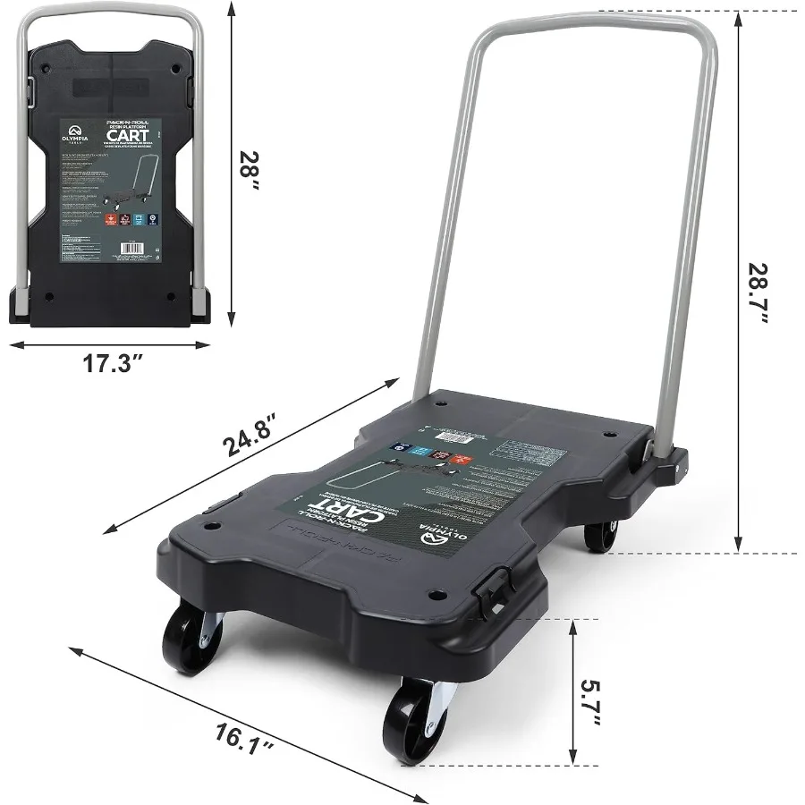 Fully Folded Resin Push Cart Dolly with 330 Lb. Loading Capacity for Heavy Duty Moving and Transport Collapsible Flatbed Hand T
