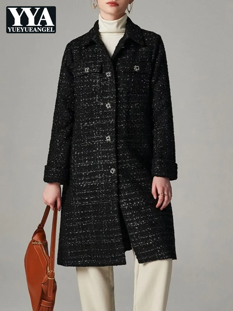 Designer Fashion Office Ladies Tweed Long Jacket Straight Single Breasted Elegant Woolen Coat New Autumn Casual Women Overcoat