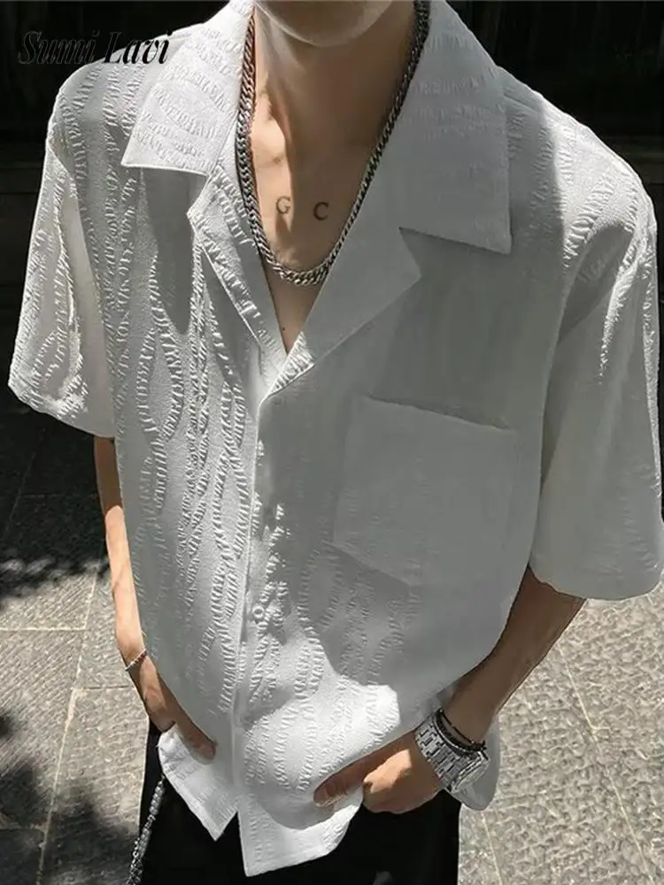 

2025 Summer Fashionable Mens Shirts Jacquard Textured Designer Shirt For Men Daily Leisure Short Sleeve Button Lapel Shirt Tops