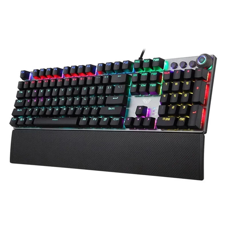 AULA bedraad mechanisch gamingtoetsenbord met 108 toetsen, RGB-achtergrondverlichting, magnetische polssteun, multimedia-knop en anti-ghosting-functie, voor pc.