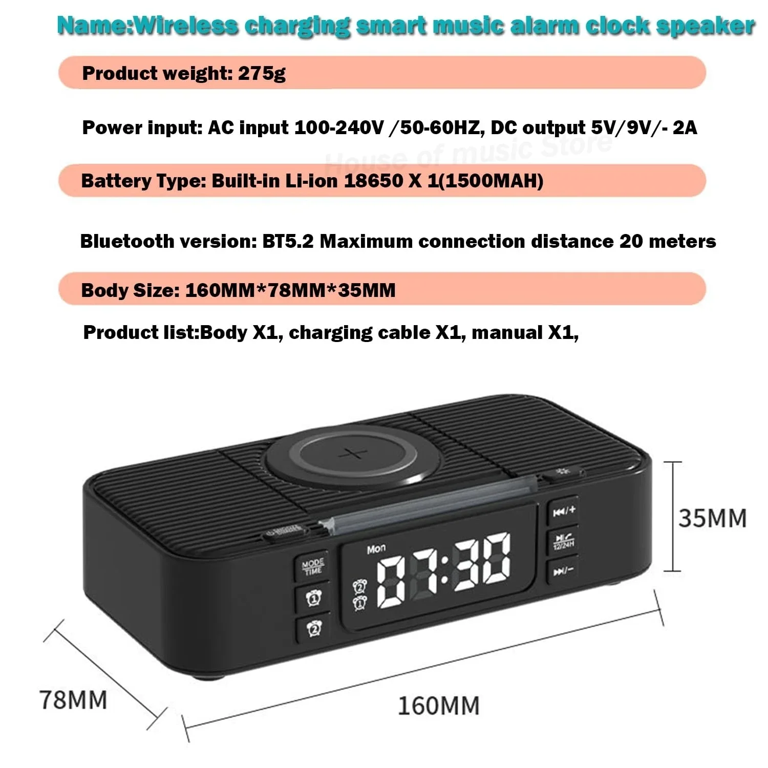 Mobile Phone Holder with Bluetooth Speakers and Clock 15W Wireless Charger Home Desktop Audio Player for Men's Cool Gadgets