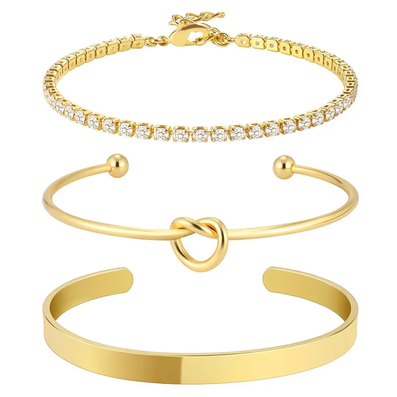 3Pcs Stainless Steel Bracelet Set Gold Plating Color Fashion Jewelry for Women's Daily Free Collocation Accessories Couple Gift