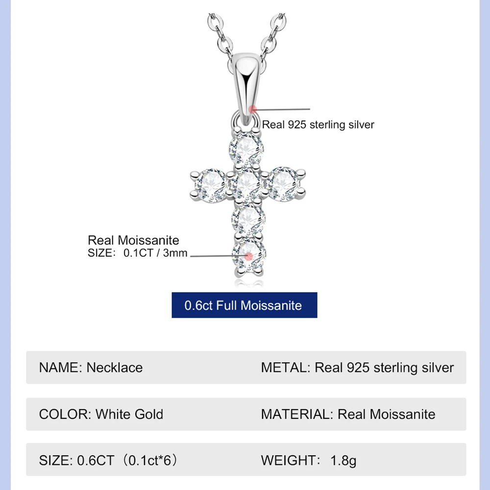 Timerain Crucifix Faith Cross 0.6 ct Moissanite Pendant Necklace For Women Men 925 Sterling Silver Unisex Jewelry With Gift Box