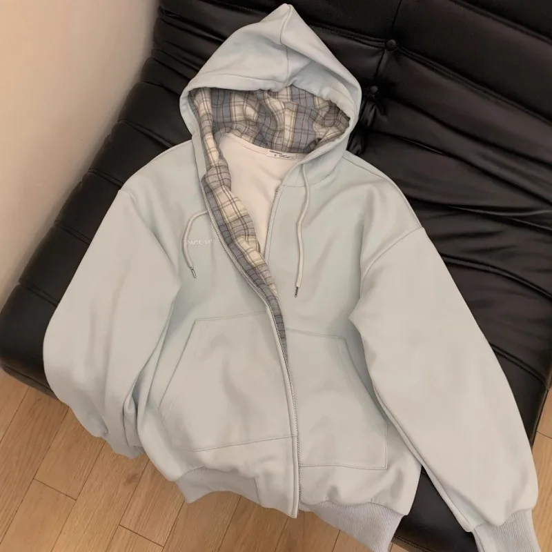

New Plaid Splicing Hooded Hoodie Spring and Autumn Dressing Up Collection Casual Fashion Versatile Laziness Zip Up Sweatshirts