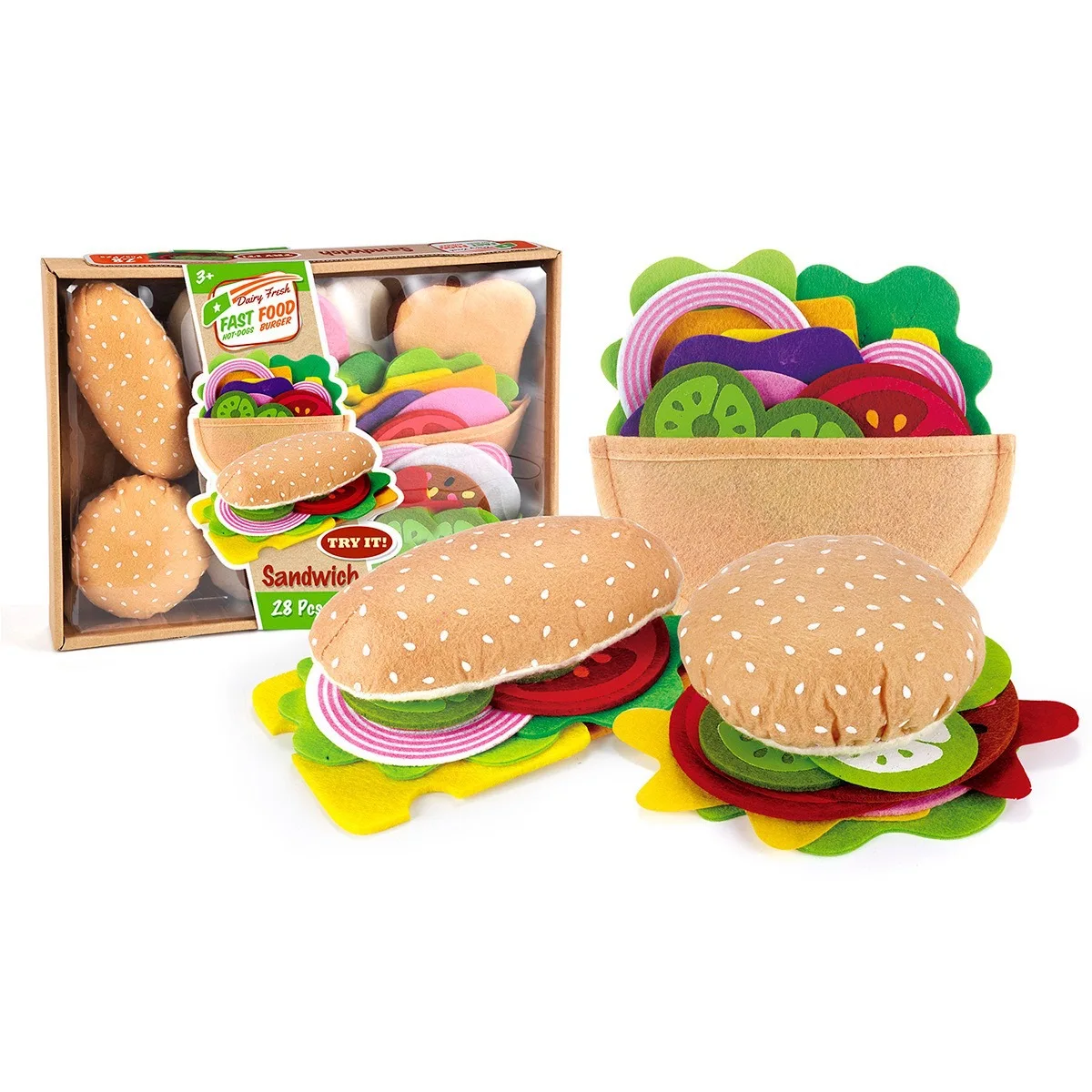 28PCS Felt Food Burger Sandwich Food Set Children Pretend Play Toys Food Sandwich Toys Children's Kitchen Role Playing Gifts