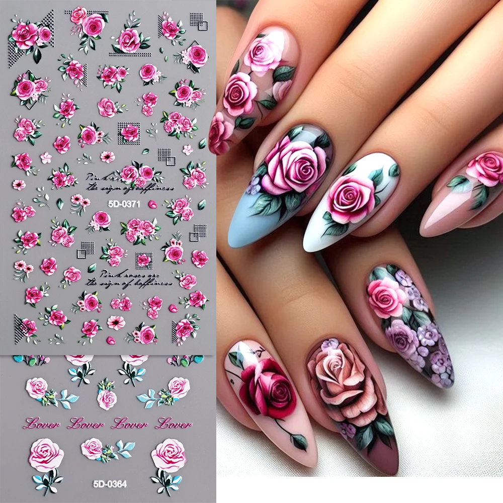 1pcs Pink Thorn Rose 5D Embossed Nail Art Sticker Colorful Floral Petals Butterfly Adhesive Sliders Wedding Design Nail Supplies