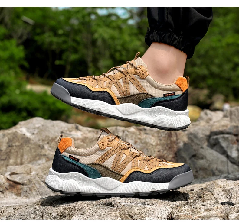 Herren Outdoor-Wanderschuhe Beige Schwarz Wildleder Mesh Patchwork Dicke Rutschfeste Sohle Trekking-Sneaker Schnürschuhe Camping Wandern – Detail 16