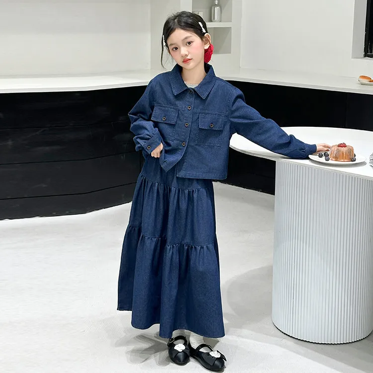 Teenager Girls Clothing Sets Spring Autumn Fashion Lapel Top and A-line Skirt Suit T Kids Clothes Casual Children Denim Outfits 2