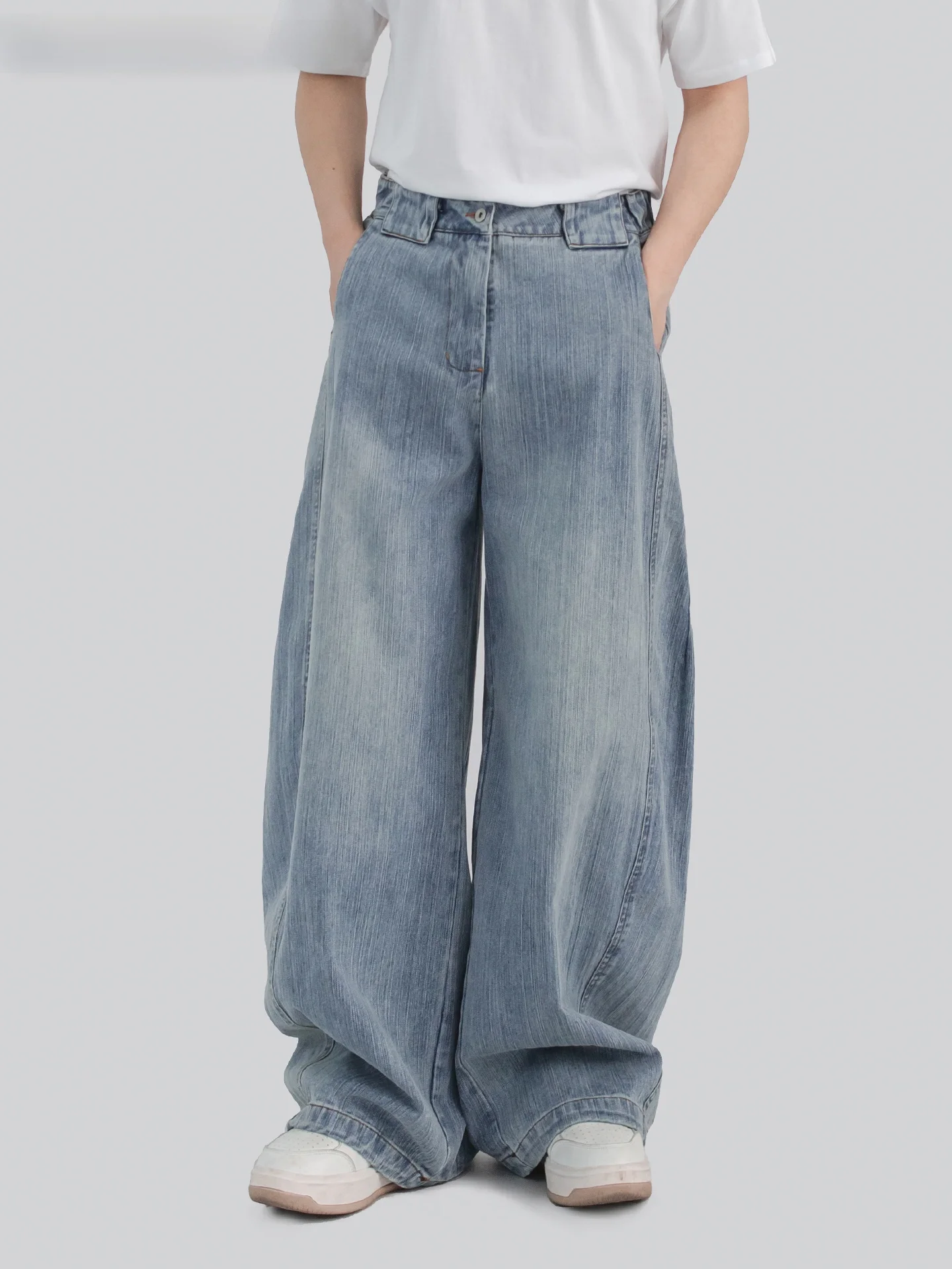 Calça Jeans Unissex Vintage Americana Pesada de Cintura Alta com Efeito Desgastado, Perna Larga e Caimento Folgado, Coleção Primavera