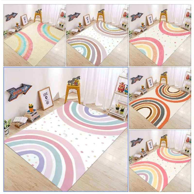 Niedlicher quadratischer Teppich mit Regenbogenmuster für Kinderzimmer, niedlicher Teppich, Heimdekoration, rutschfeste Fußmatte, Nachttisch, Boden, waschbare Matte