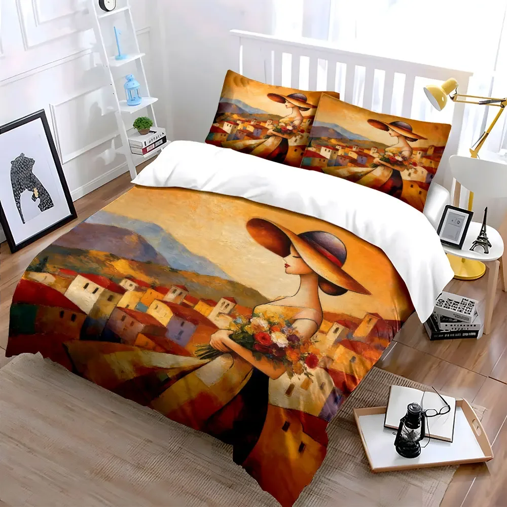 3Pcs Mediterranean Lady Bedding Set,Woman with Flowers and Wide Hat in Village Print Duvet Cover + 2 Pillowcases,Warm Art Decor